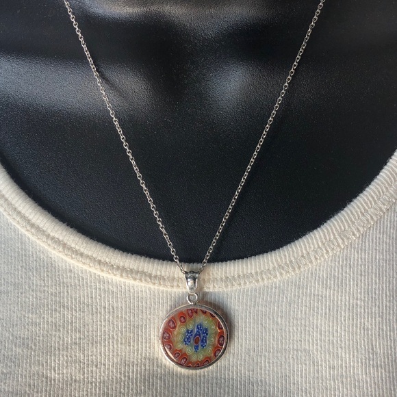 Handmade Multicolor Millefiori Glass Pendant Necklace - Silver 925